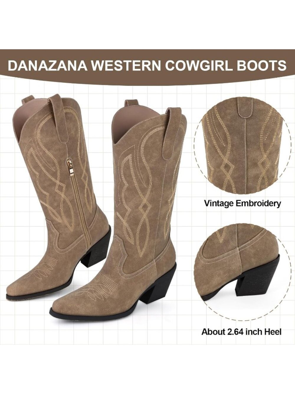 Women's Wide Calf Rhinestones Brown Pointed Toe Chunky Heel Embroidered Boots - Picture 3 of 6